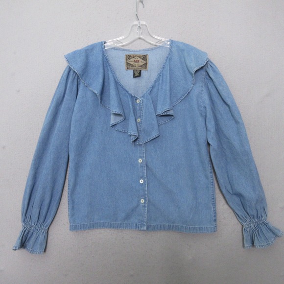 Vintage‎ Express Top XS Ruffle Button Up Chambray Prairie Cottage Core Hong Kong - Picture 1 of 10